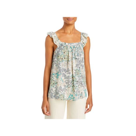 FEVER Womens Embroidered Ruffled Pleated Sleeveless Square Neck Tank Top - Picture 1 of 1